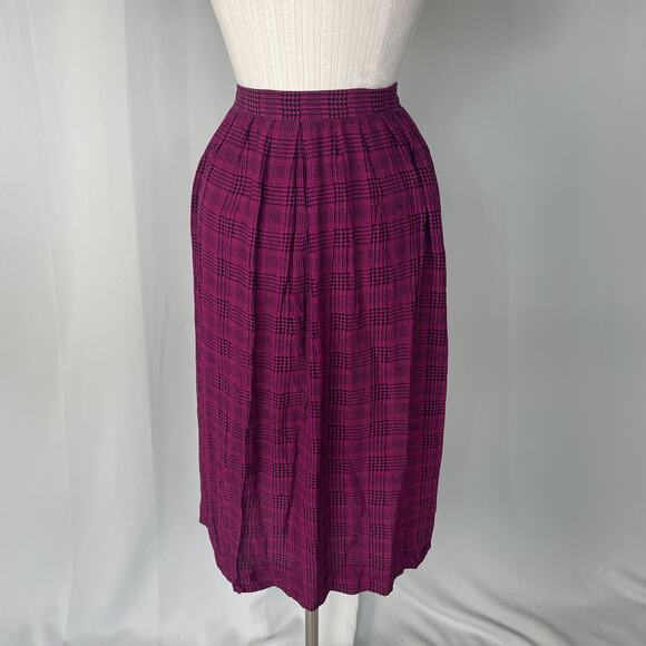 Vintage Pleated Skirt Size 8 Burgundy Black Houndstooth Midi Preppy Academia 90s - Picture 10 of 16